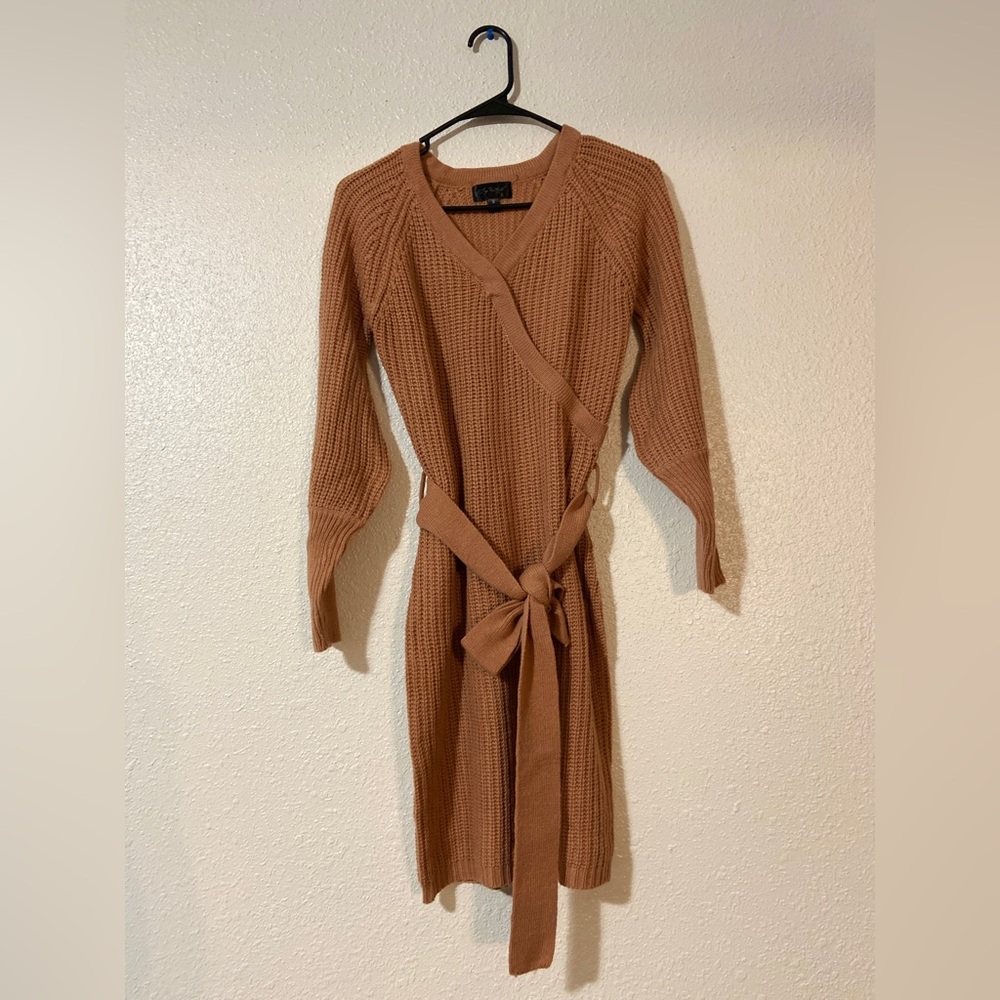 Orange Knit Long Sleeve Mini Dress with Bow